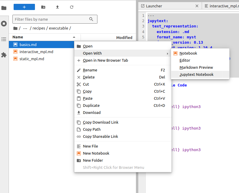 Context Menu: Open With... Jupytext Notebook