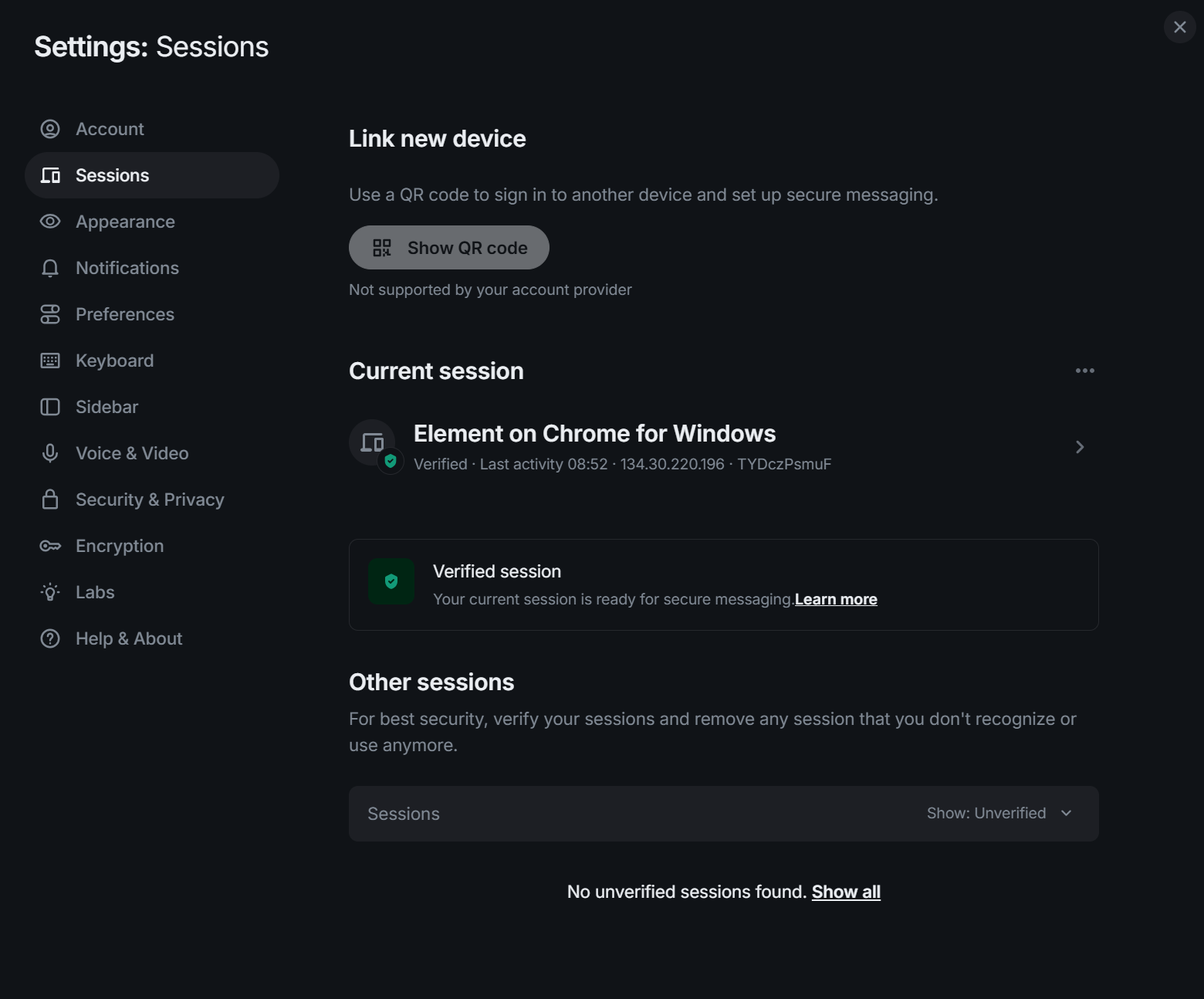 Verified Matrix session in Element