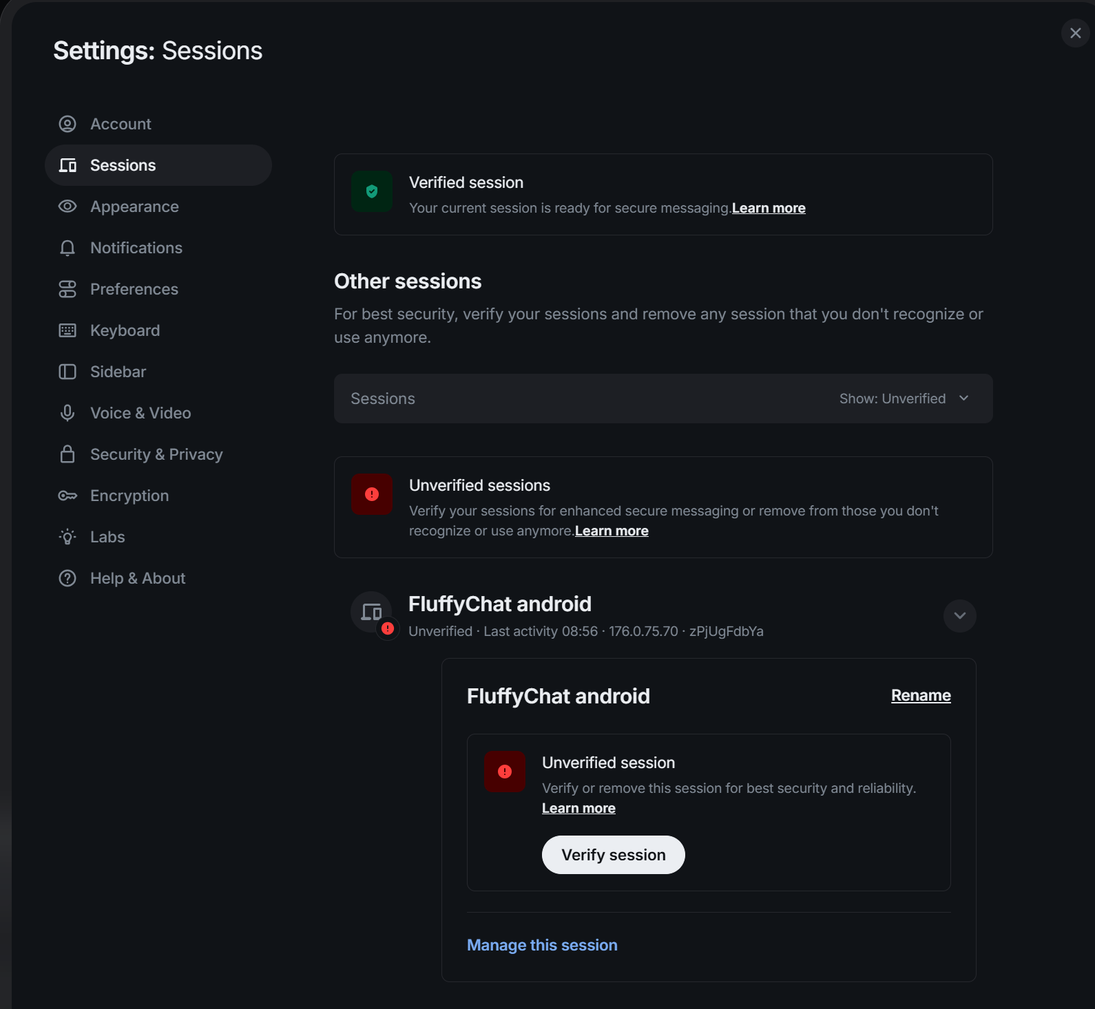 Element session verification settings